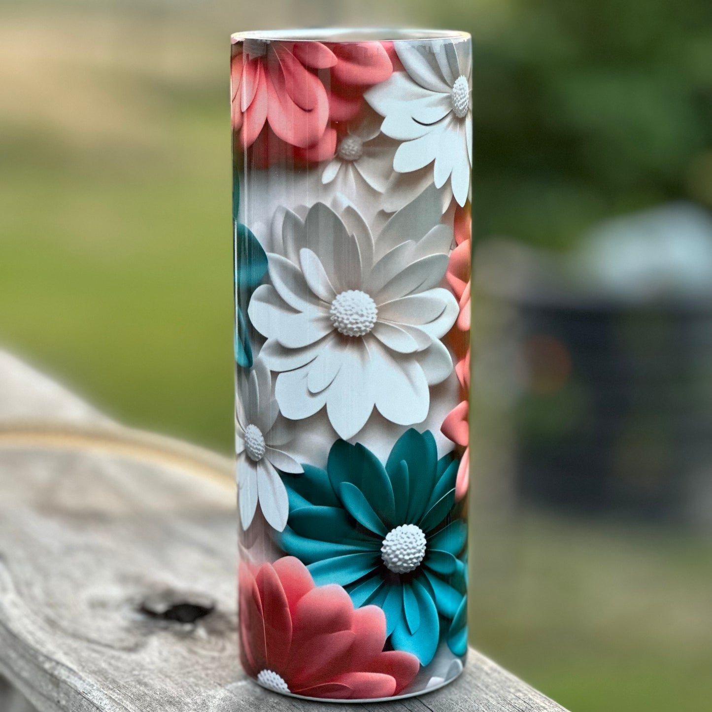 3D White Green Pink Daisies Flowers 20 oz Skinny Tumbler