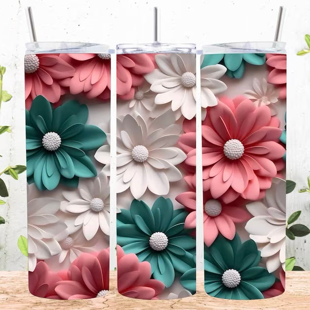 3D White Green Pink Daisies Flowers 20 oz Skinny Tumbler